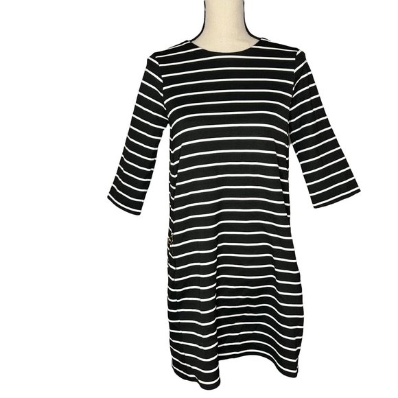 Zara Knit Black White Striped Crew Neck Mini Dress Women's Size Medium M - Picture 1 of 8
